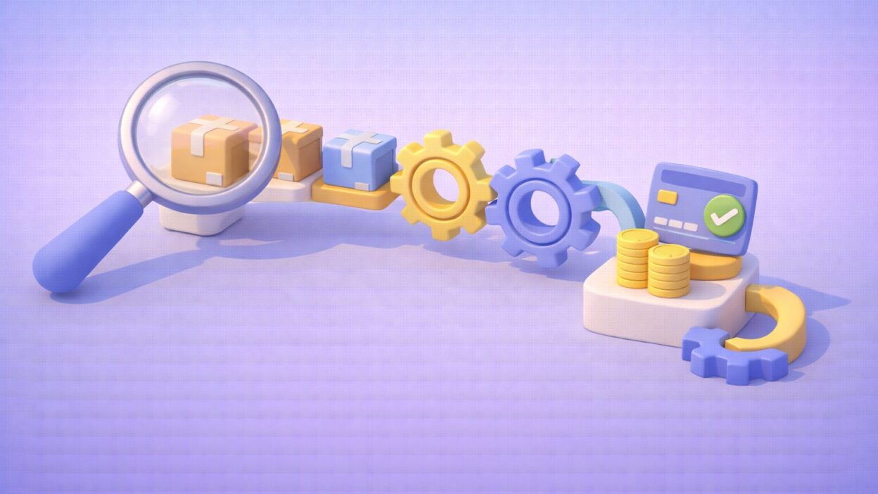 Illustration 3D du cycle Source-to-Pay montrant l’optimisation des achats, de l’analyse des commandes au paiement validé