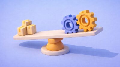 Illustration en clay 3D d’un levier soulevant des engrenages et des colis, symbolisant le partenariat, l’optimisation des processus achats et la croissance de la performance.