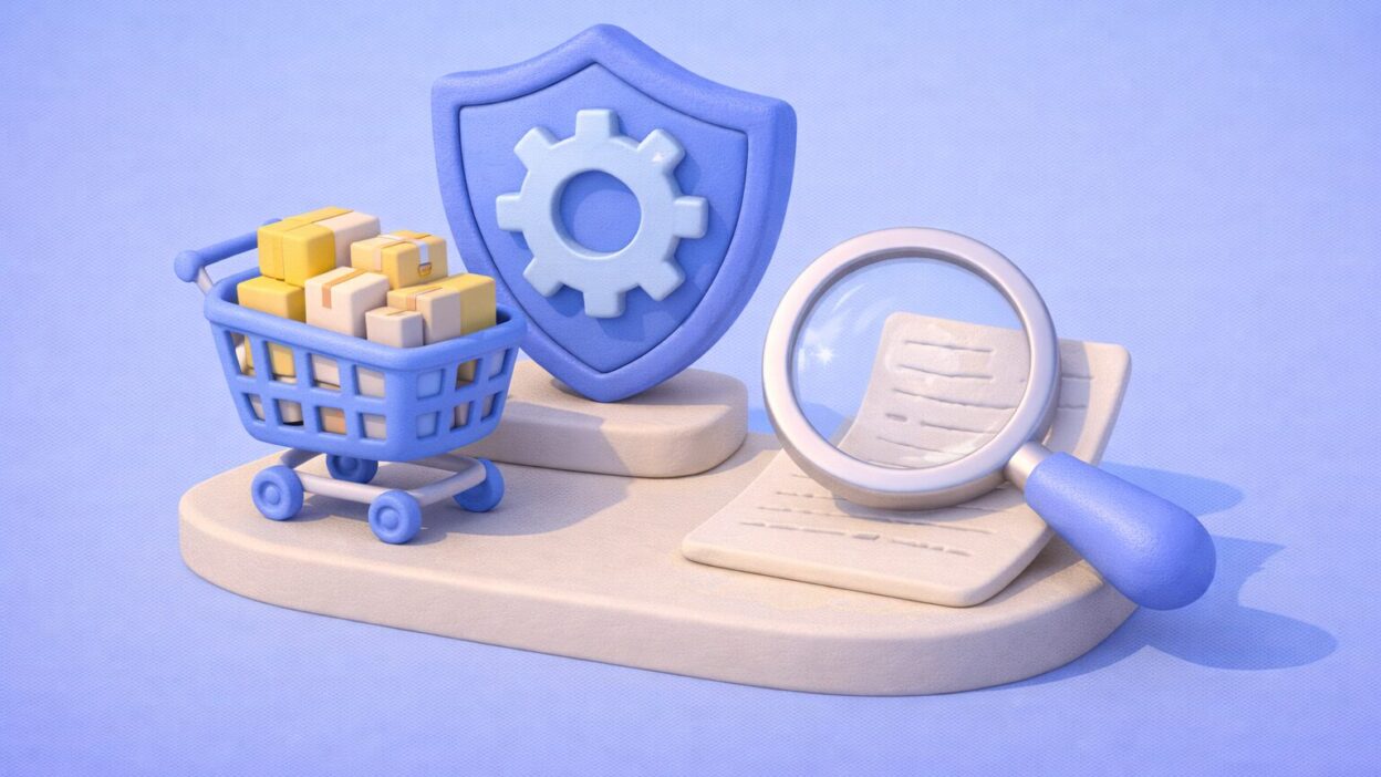 Illustration 3D en pâte à modeler représentant la sécurisation des achats : un bouclier avec engrenage protège un panier d’achats, tandis qu’une loupe analyse un document fournisseur.