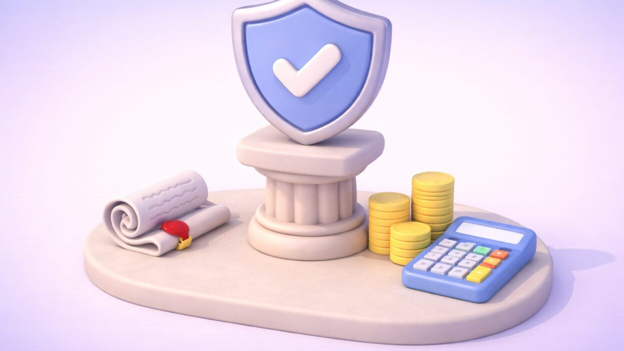 Illustration 3D en clay représentant la sécurisation des achats avec un contrat, un bouclier de protection, des pièces empilées et une calculatrice, symbolisant la maîtrise des coûts et la conformité financière.