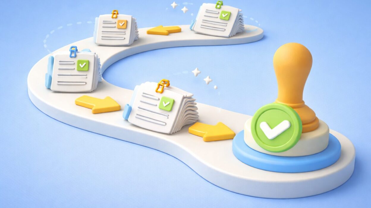 Illustration d’un workflow de validation des factures électroniques avec documents en cours de traitement et approbation finale