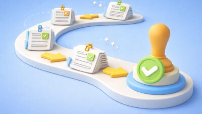 Illustration d’un workflow de validation des factures électroniques avec documents en cours de traitement et approbation finale