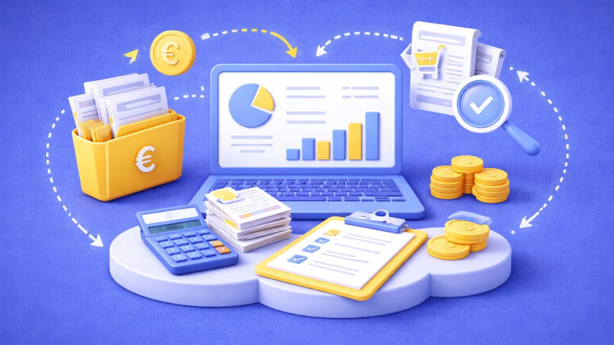 Illustration 3D représentant la simplification de la comptabilité et le pilotage des achats pour une TPE/PME avec tableau de bord financier, factures et pièces.