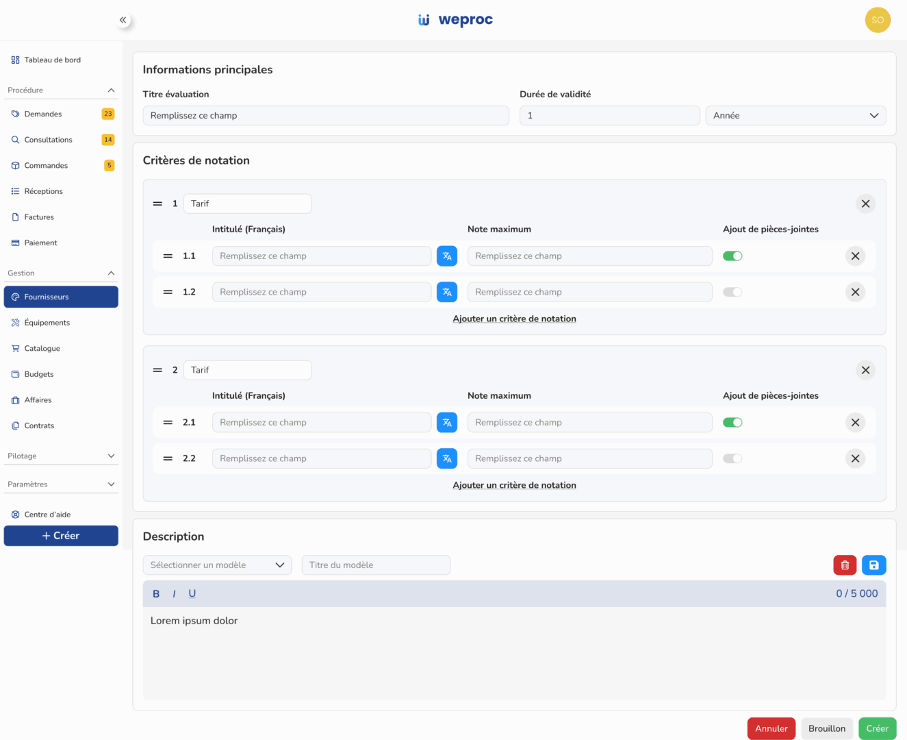 Configuration d'un formulaire d'évaluation fournisseur sur Weproc avec définition personnalisée des critères de notation et coefficients.