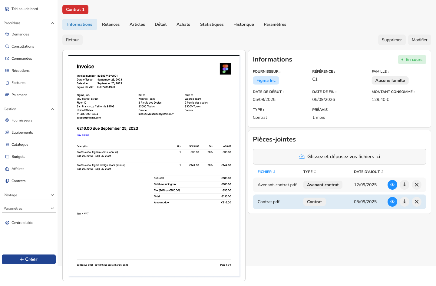 Logiciel de gestion contractuelle Weproc montrant la visualisation d'une facture PDF associée à une fiche contrat détaillée.