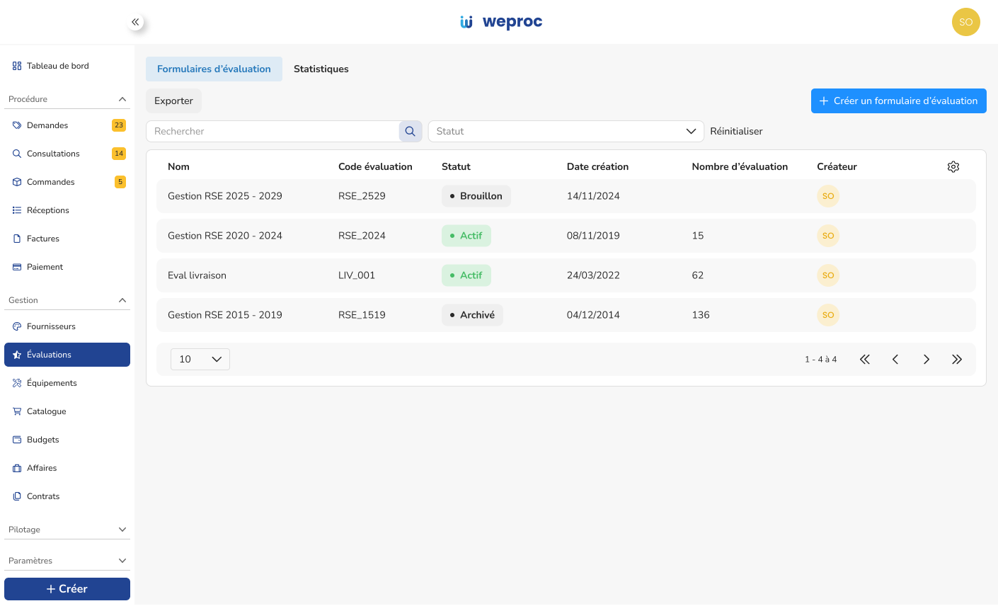 Tableau de bord Weproc pour le suivi des évaluations fournisseurs avec statuts de conformité RSE et scores de performance.