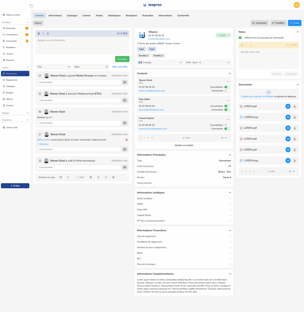 Interface du logiciel Weproc affichant une fiche fournisseur centralisée avec les onglets informations juridiques, catalogue et contrats.